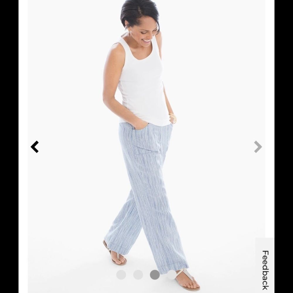 Chico’s 100% Linen  Beachy Boho Stripe Blue White Wide Leg Pants XS